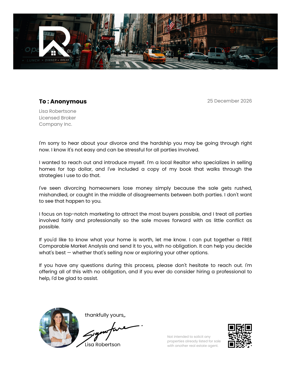 Divorce Home Owner Cover letter - BrokerEntrepreneur & Industry Leader
