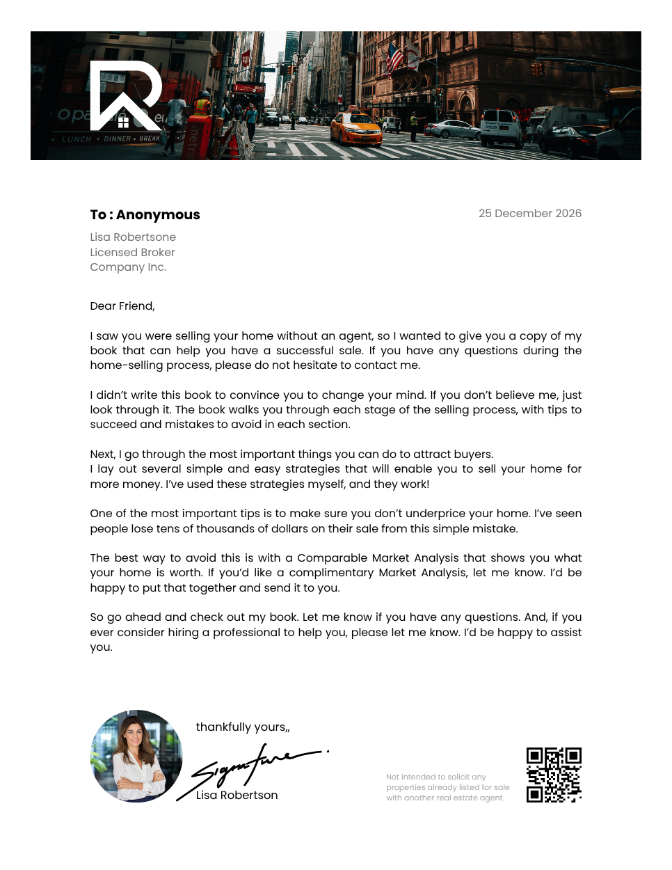 FSBO Cover letter - BrokerEntrepreneur & Industry Leader